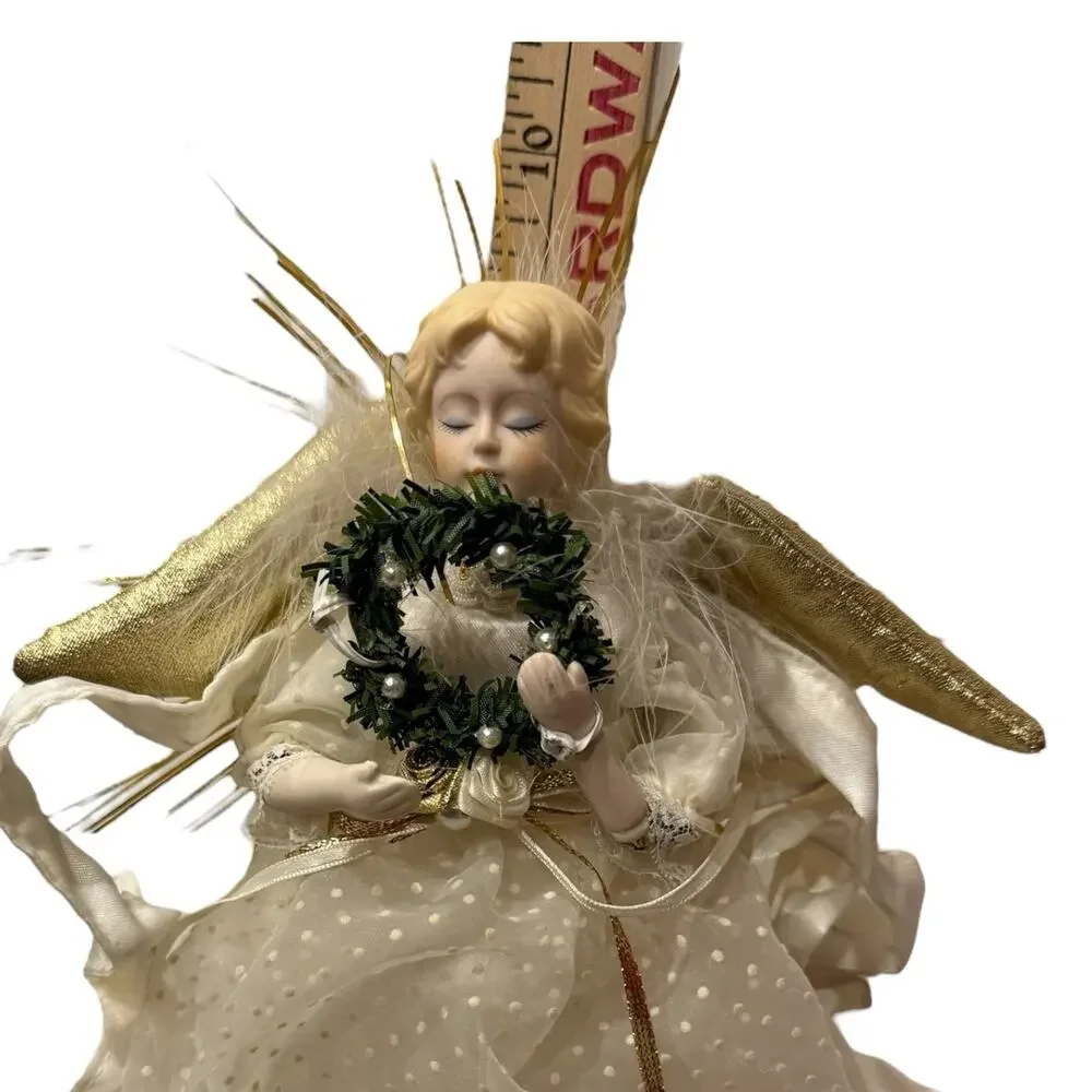 Vintage Porcelain Christmas Angel Tree Topper White Gold 9